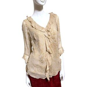 Y2K Silk Ruffled Babydoll Top S Flare Sleeves Beaded Neutral Fairy 100% Silk